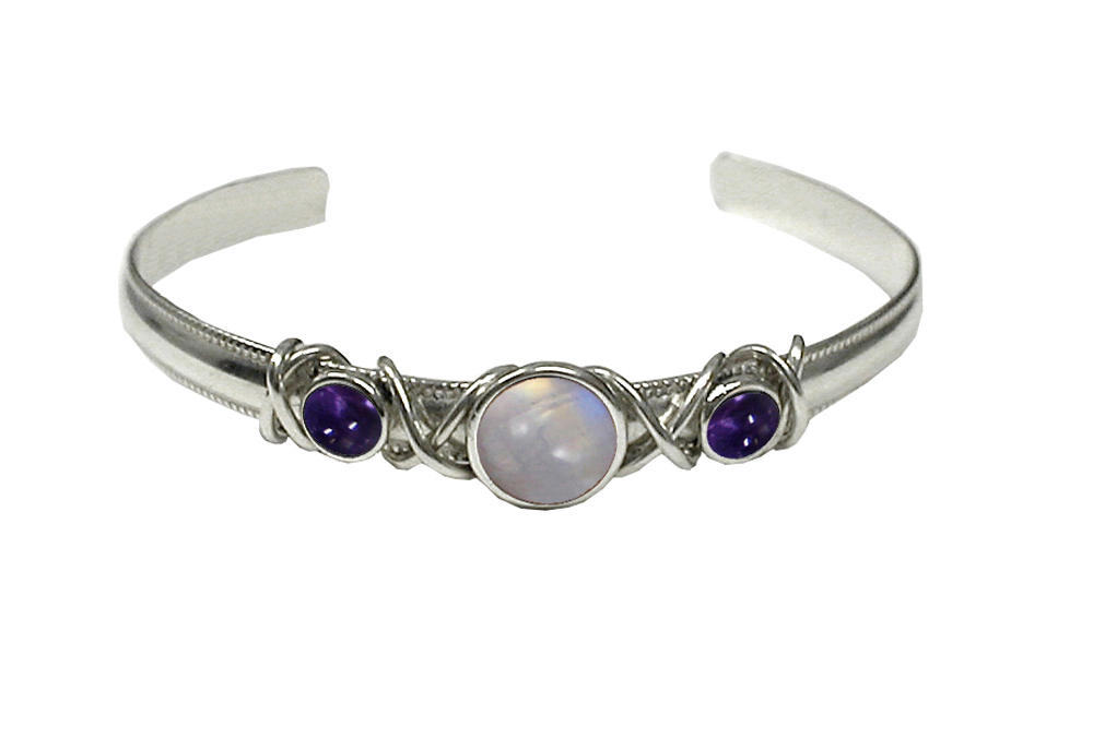 Sterling Silver Hand Made Cuff Bracelet With Rainbow Moonstone And Iolite